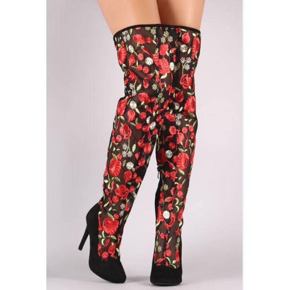 Design by Jacobies Black Sheer Mesh Embroidered Floral Over the Knee Sti…